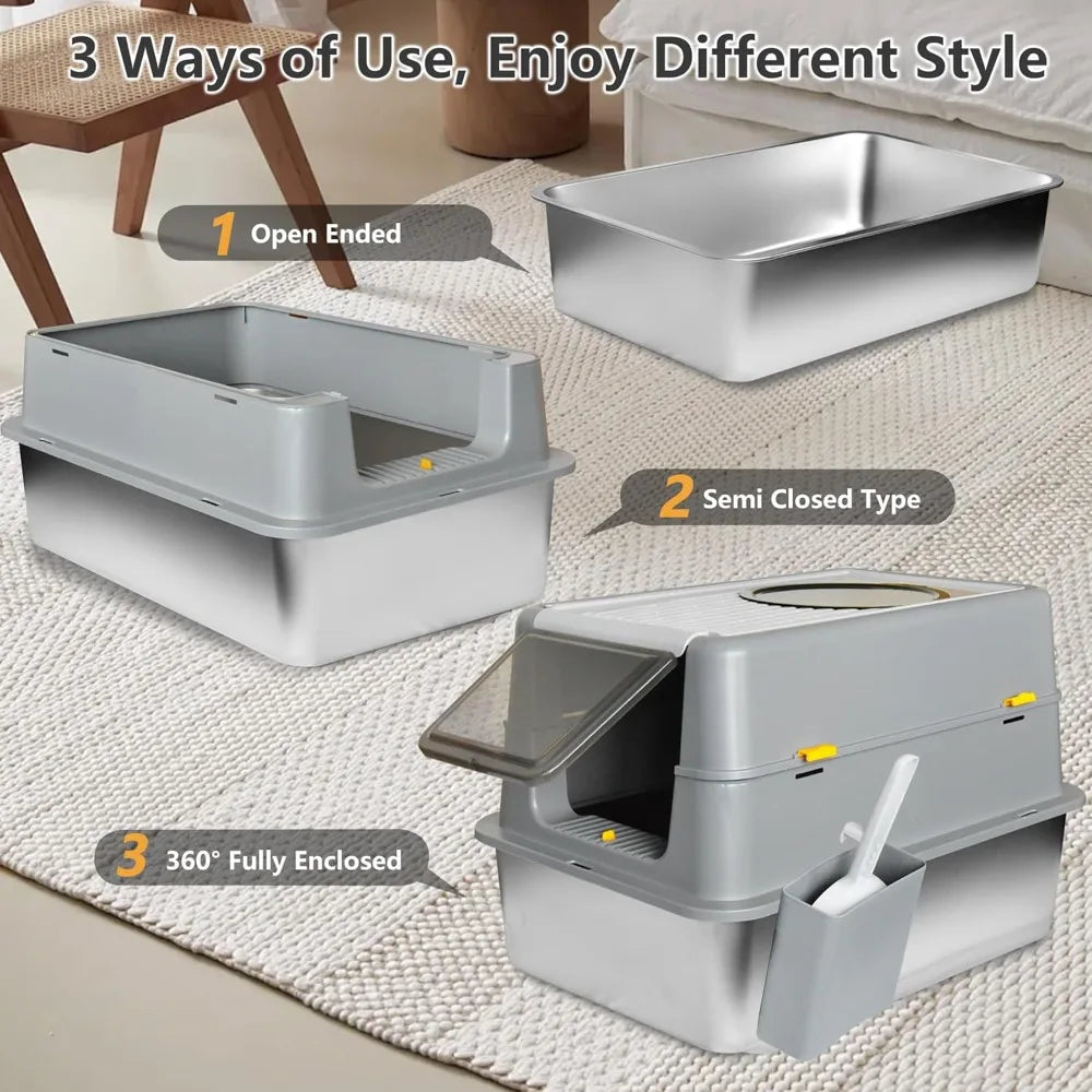 Stainless Steel Litter Box With Lid For Cats Enclosed