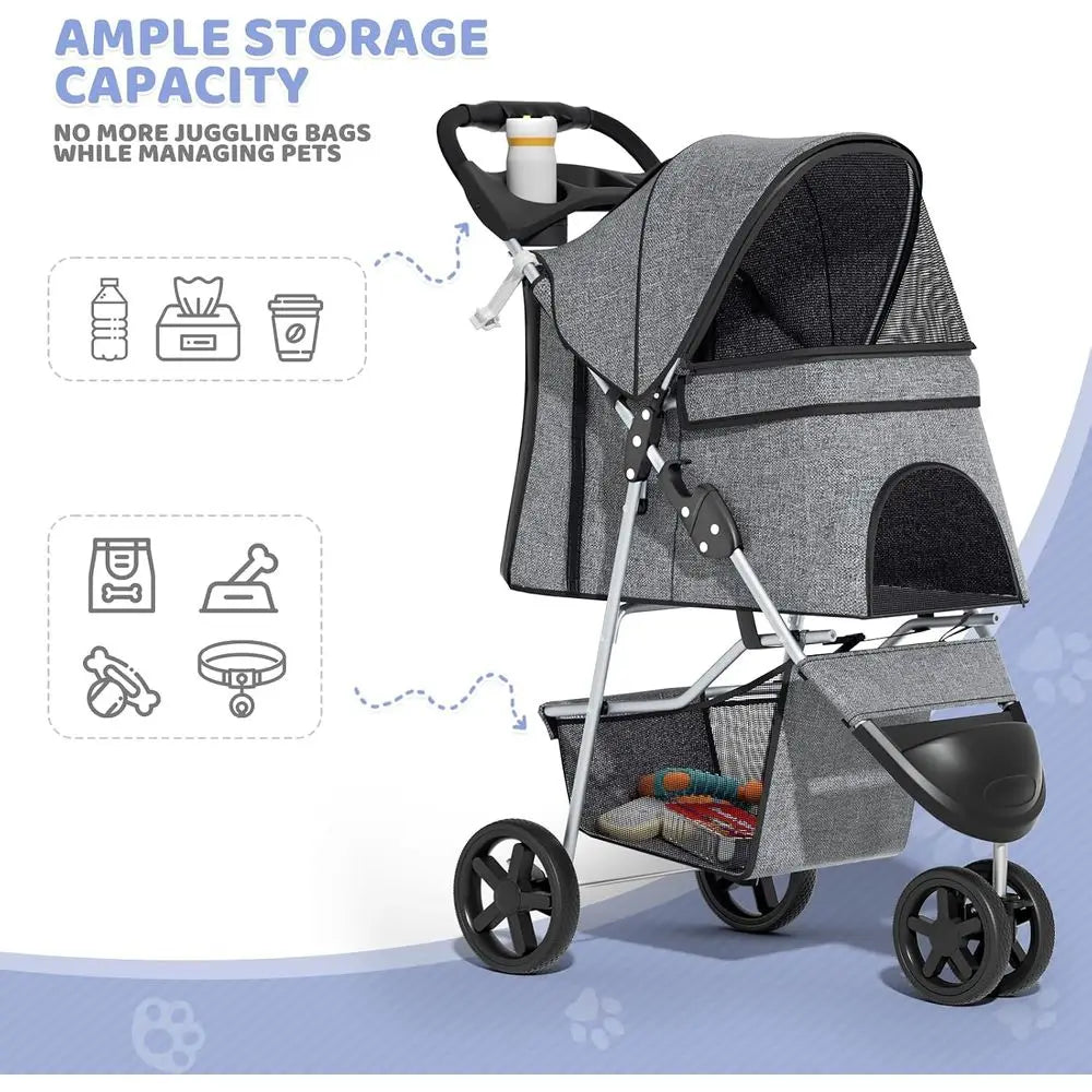 Foldable Three Wheel Pet Stroller With Breathable Carrier
