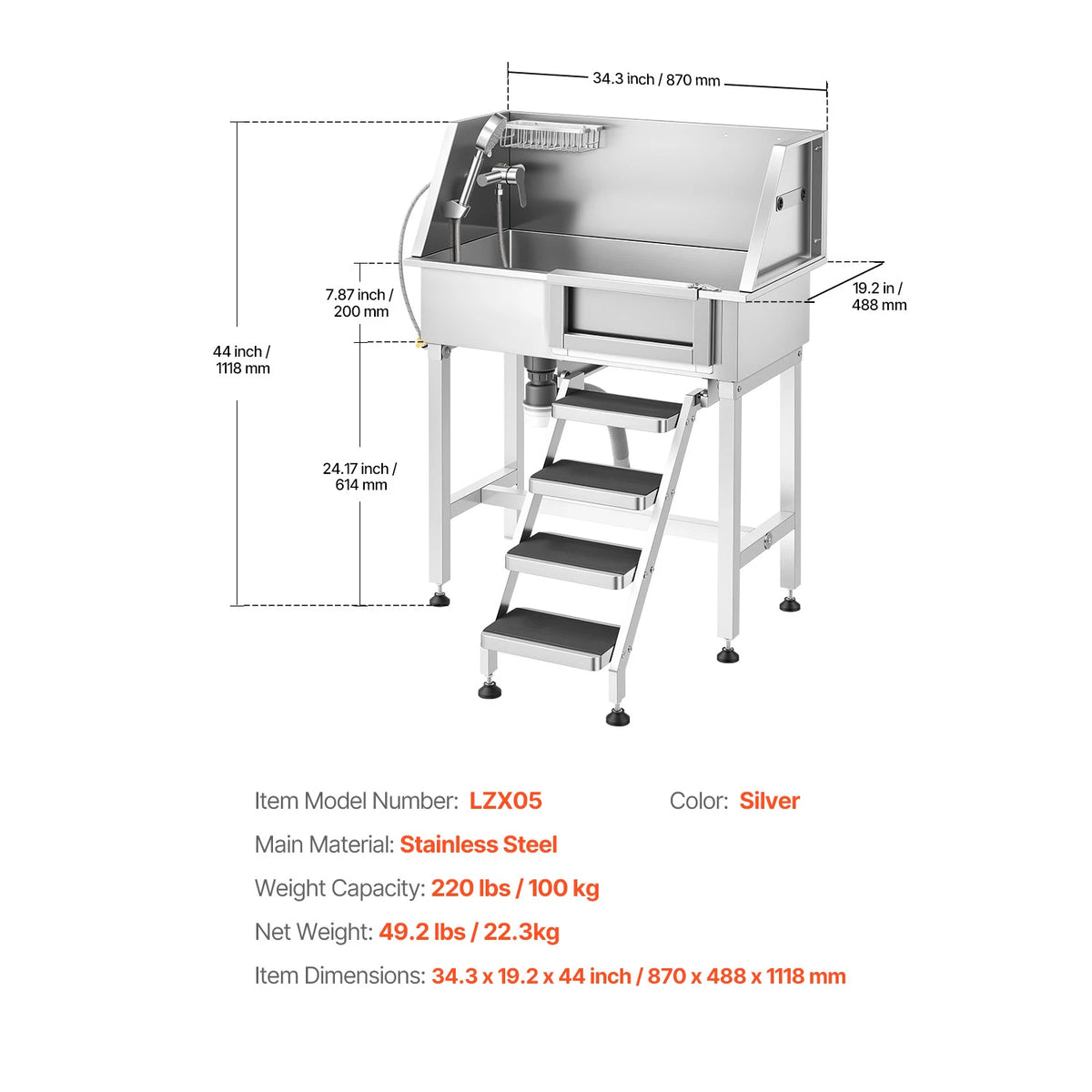 SucceBuy Stainless Steel Dog Washing Station With Shower Faucet