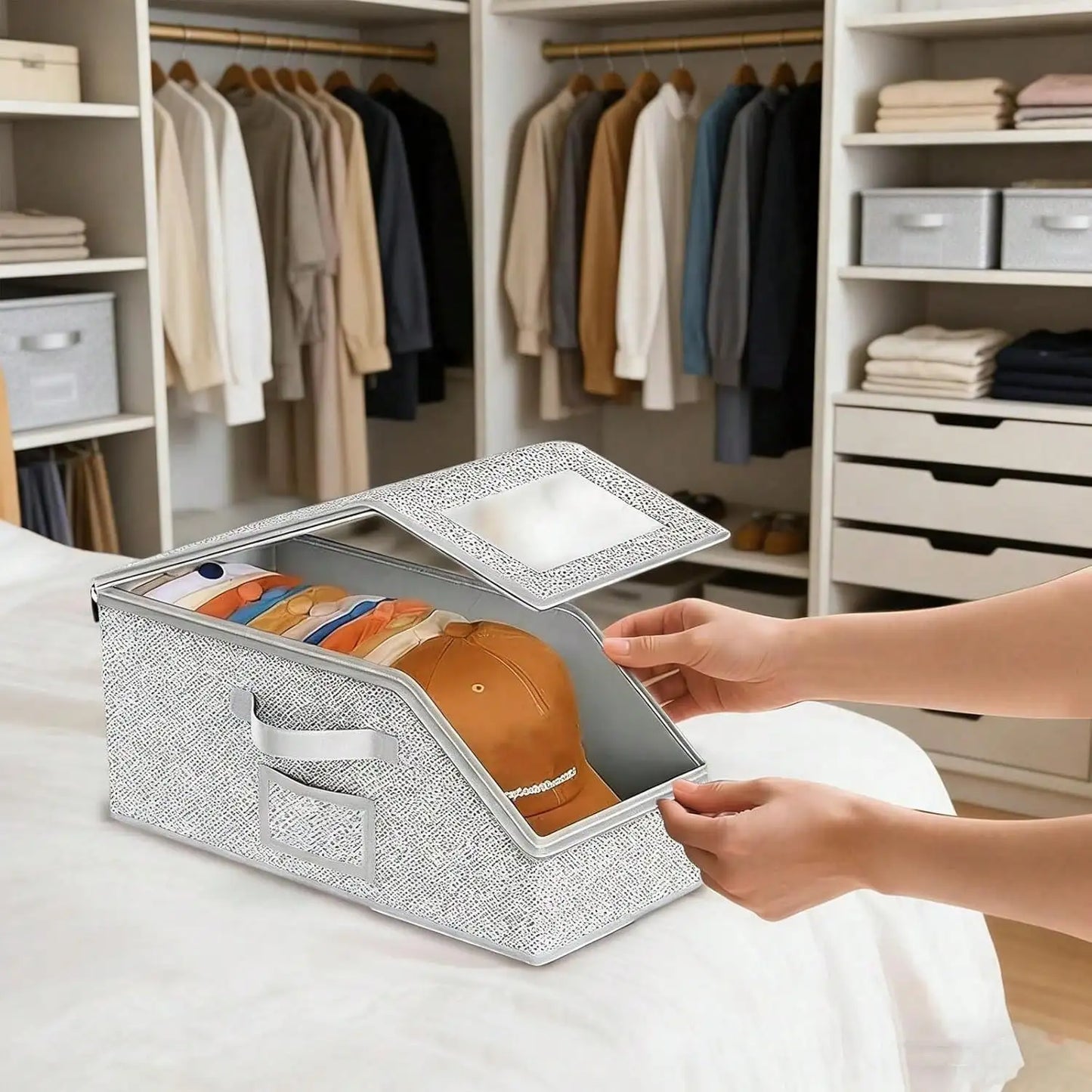 Stackable Hat Storage Box for 12 Hats, Foldable Fabric Organizer
