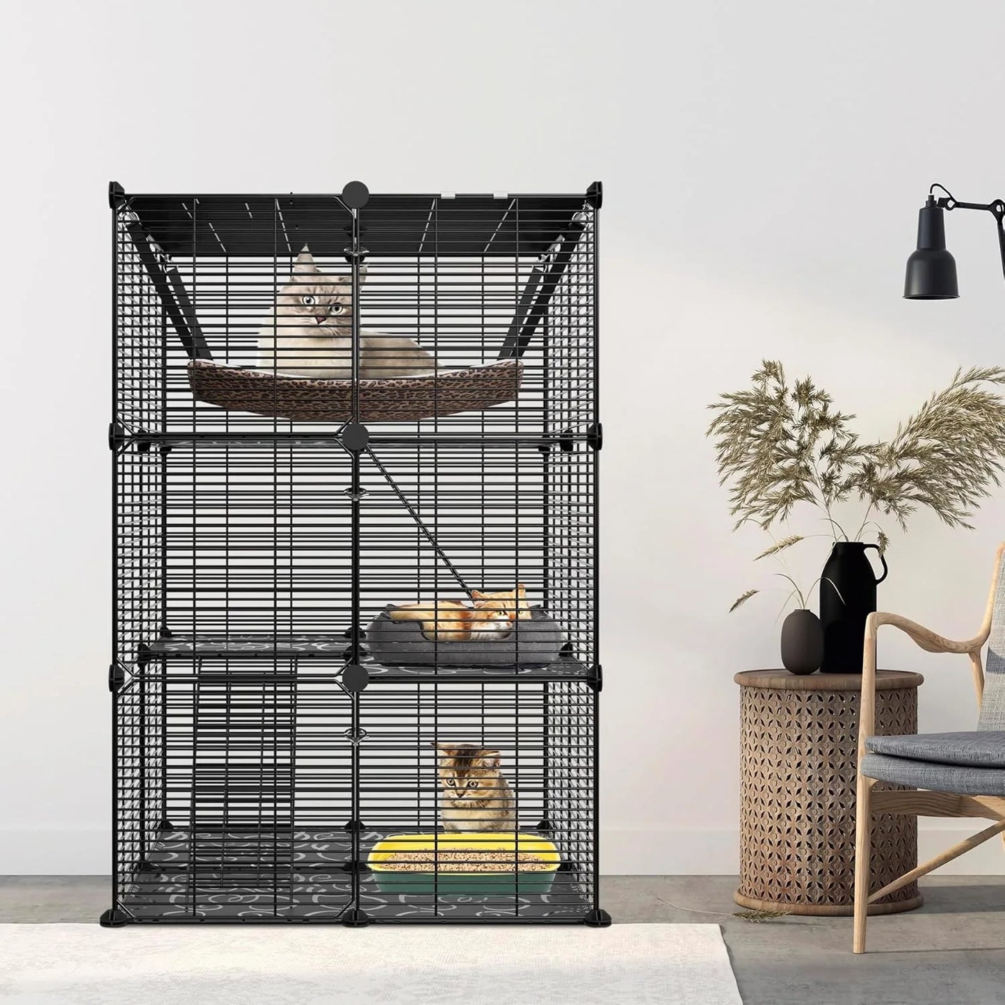 Three-Tier Cat Cage Indoor Enclosure Detachable Metal Wire Playpen With Hammock