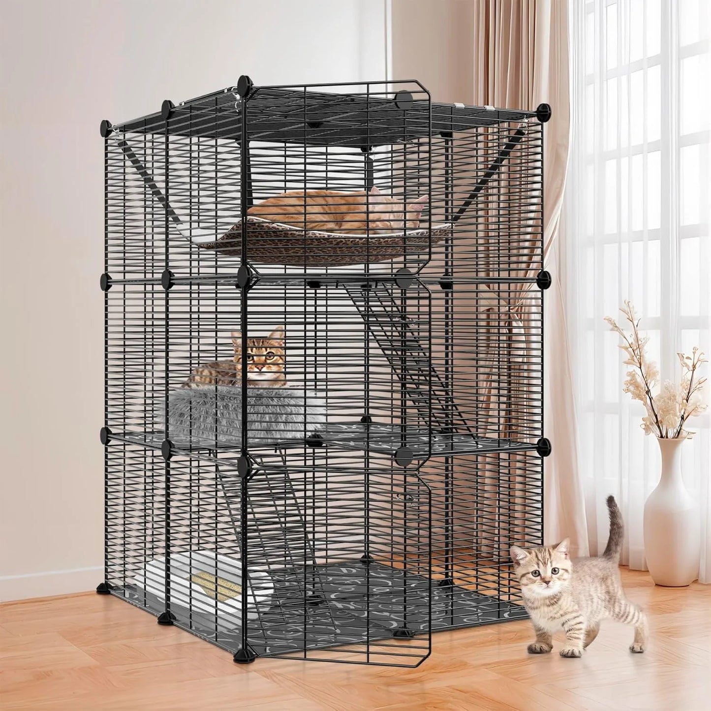 Three-Tier Cat Cage Indoor Enclosure Detachable Metal Wire Playpen With Hammock