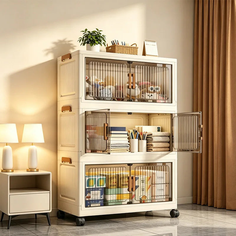 Foldable Storage Cabinet On Wheels, No Assembly, Magnetic Doors
