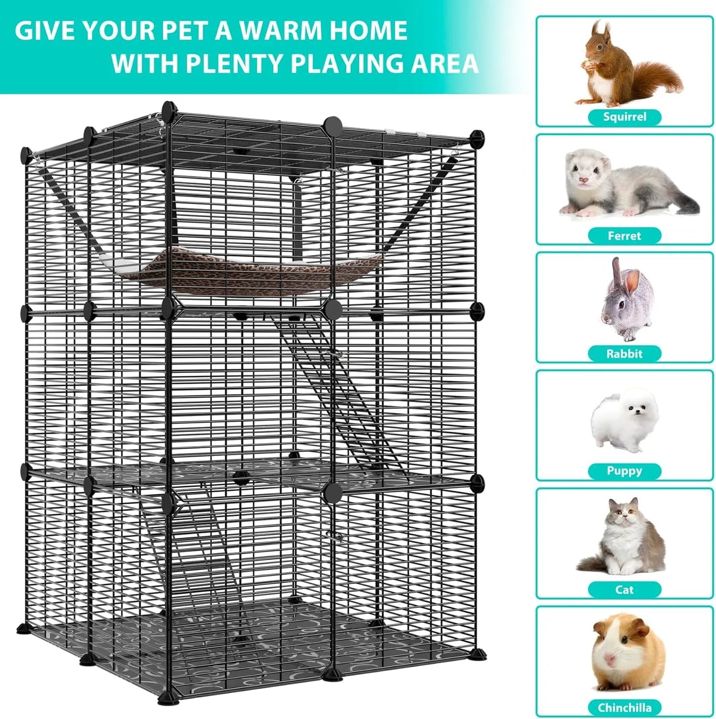 Three-Tier Cat Cage Indoor Enclosure Detachable Metal Wire Playpen With Hammock