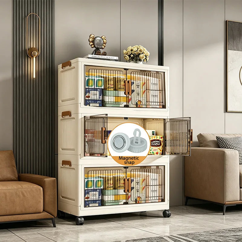 Foldable Storage Cabinet On Wheels, No Assembly, Magnetic Doors