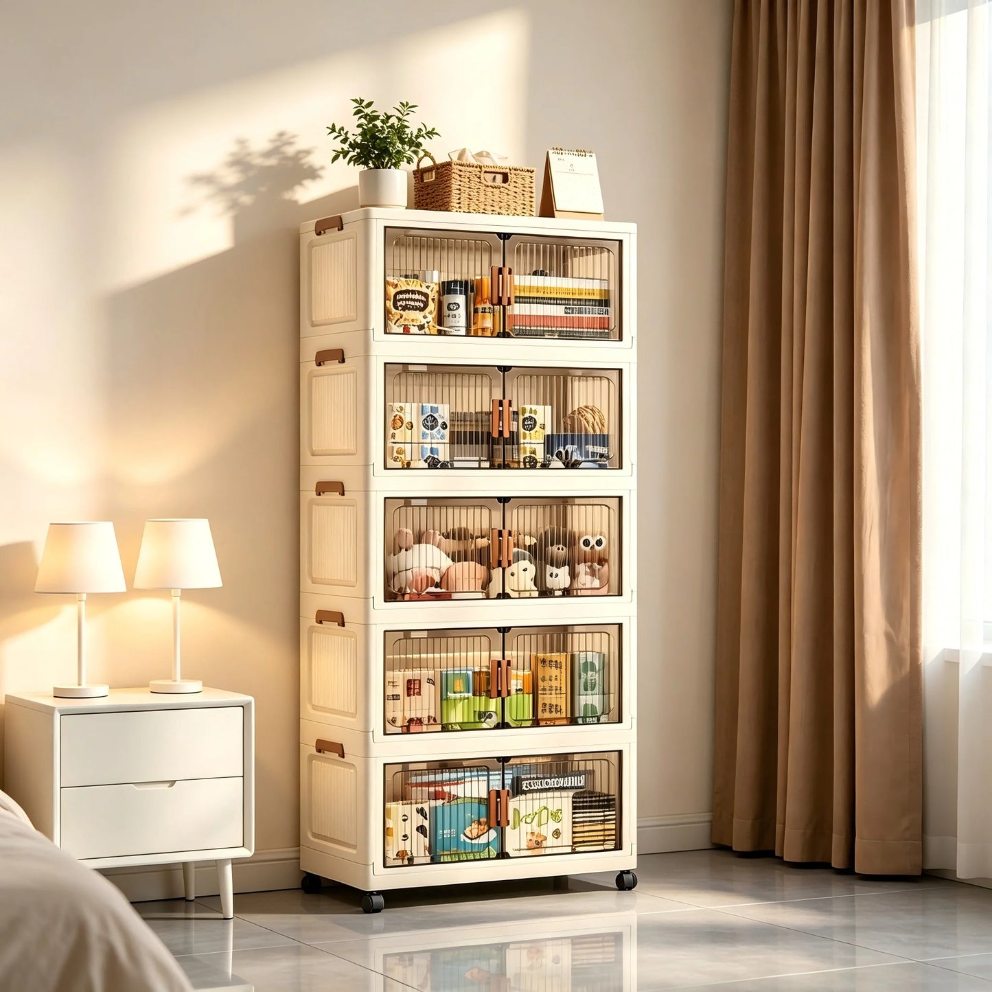 Foldable Storage Cabinet On Wheels, No Assembly, Magnetic Doors