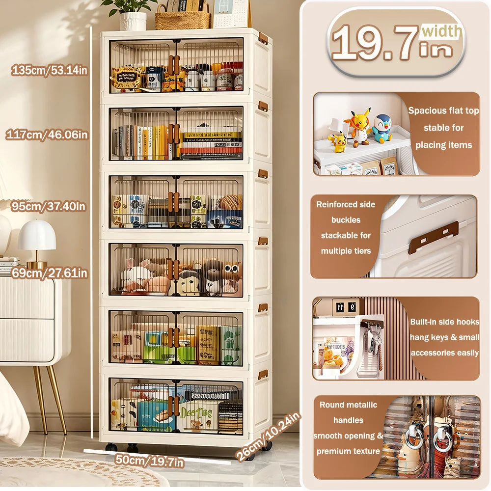 Foldable Storage Cabinet On Wheels, No Assembly, Magnetic Doors