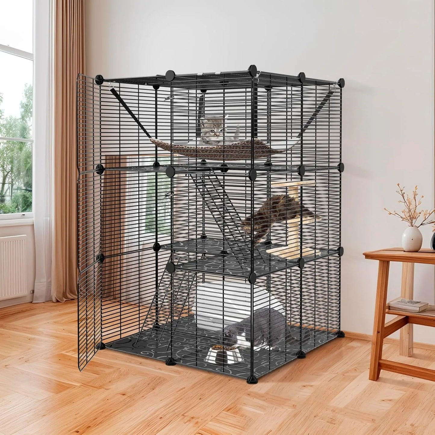 Three-Tier Cat Cage Indoor Enclosure Detachable Metal Wire Playpen With Hammock