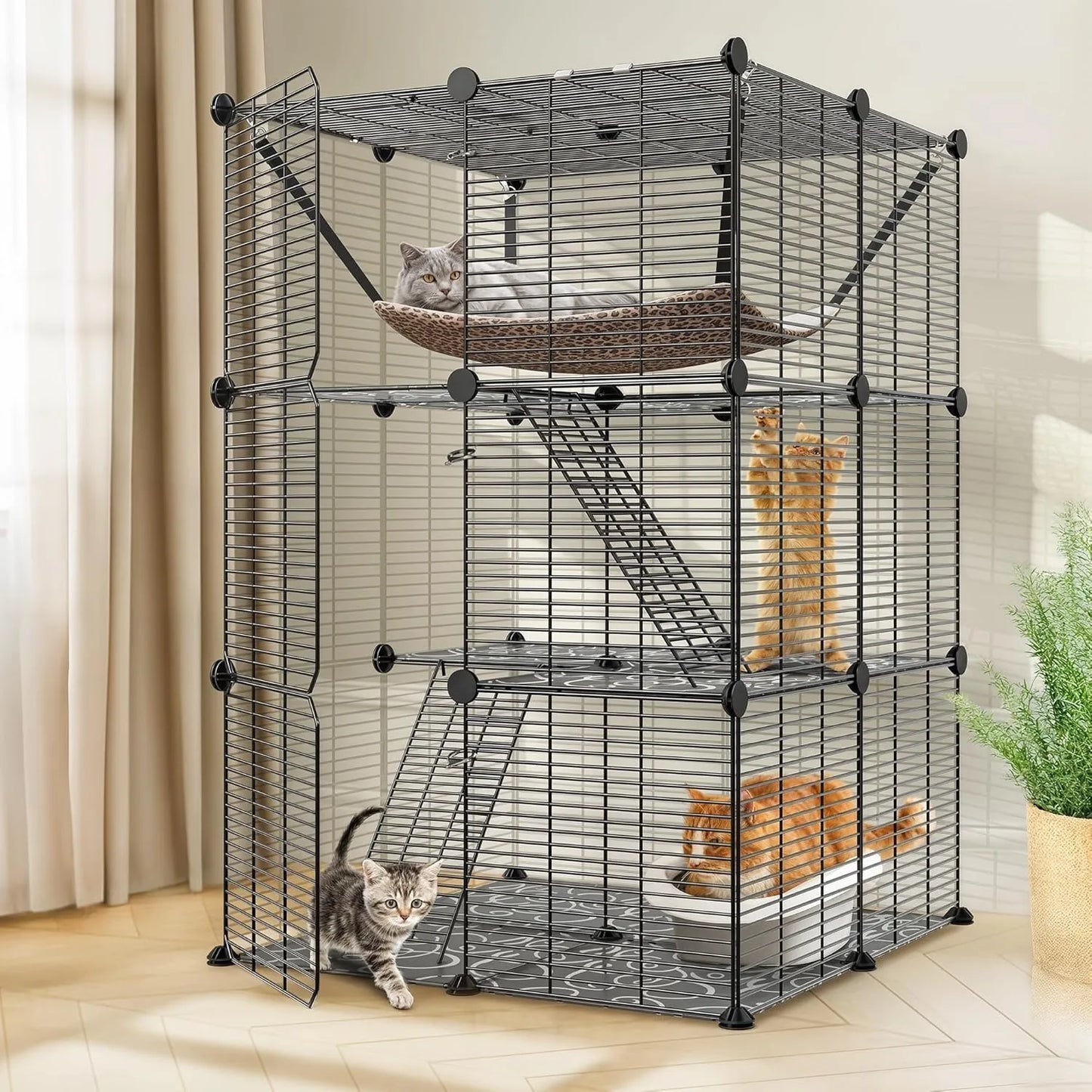 Three-Tier Cat Cage Indoor Enclosure Detachable Metal Wire Playpen With Hammock