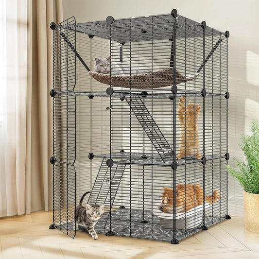 Three-Tier Cat Cage Indoor Enclosure Detachable Metal Wire Playpen With Hammock