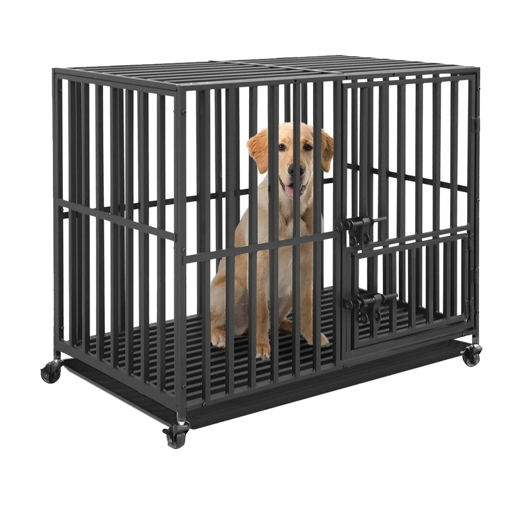 Bingopaw 37” 42” 46” Heavy Duty Dog Cage Metal Pet Dog Crate 3 Doors Locks Design Kennel Playpen with 4 Wheels Removable Tray