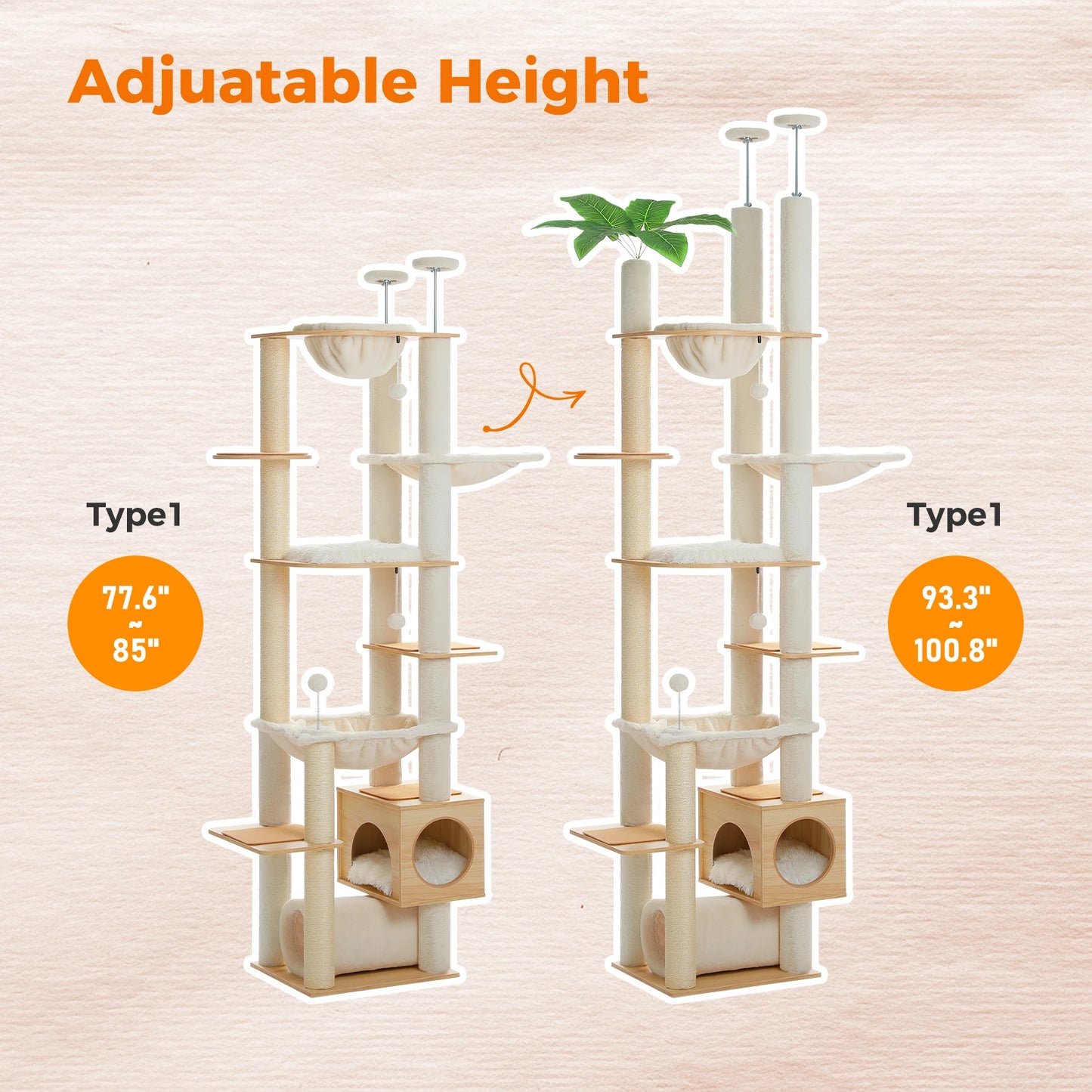 PAWZ Road Height Adjustable Wooden Cat Tree With Hammock And Sisal Posts