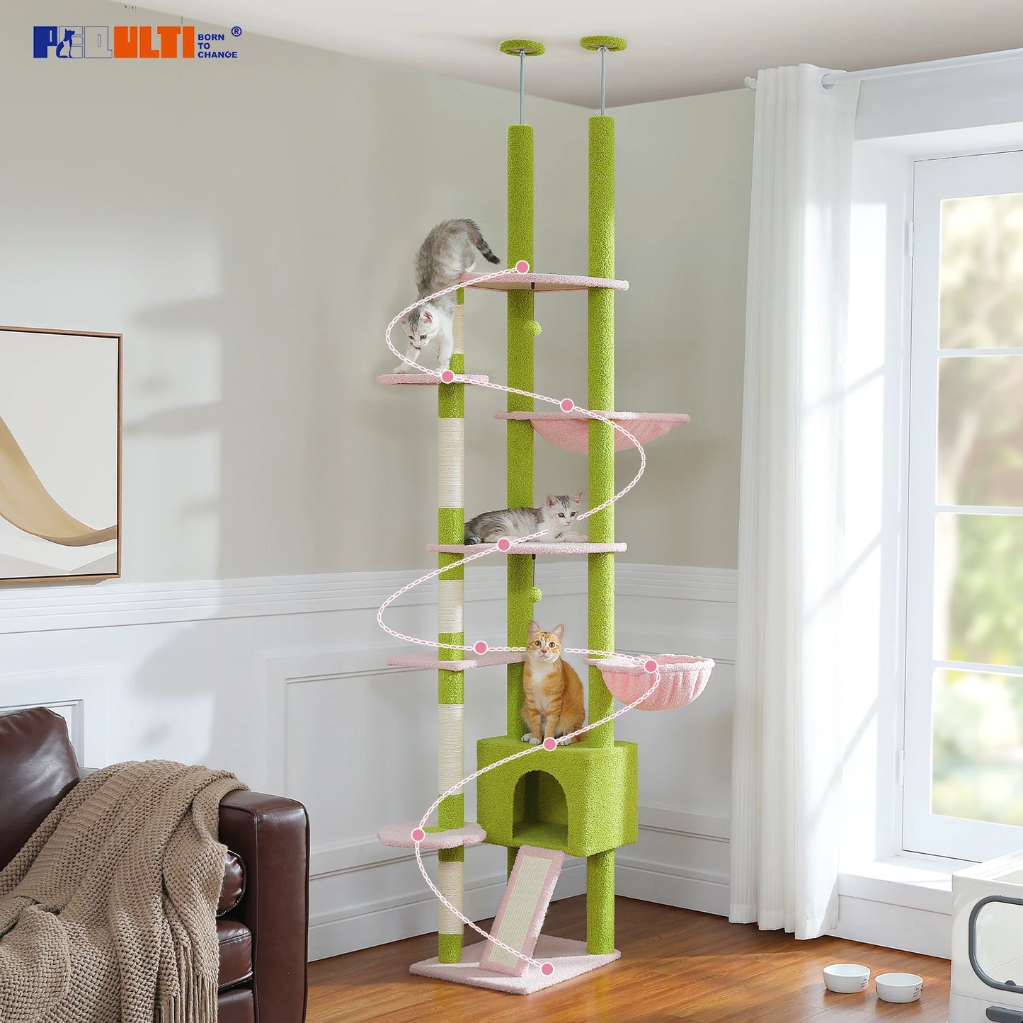 PETEPELA Floor Ceiling Cat Tree With Condo Hammock Scratching Post