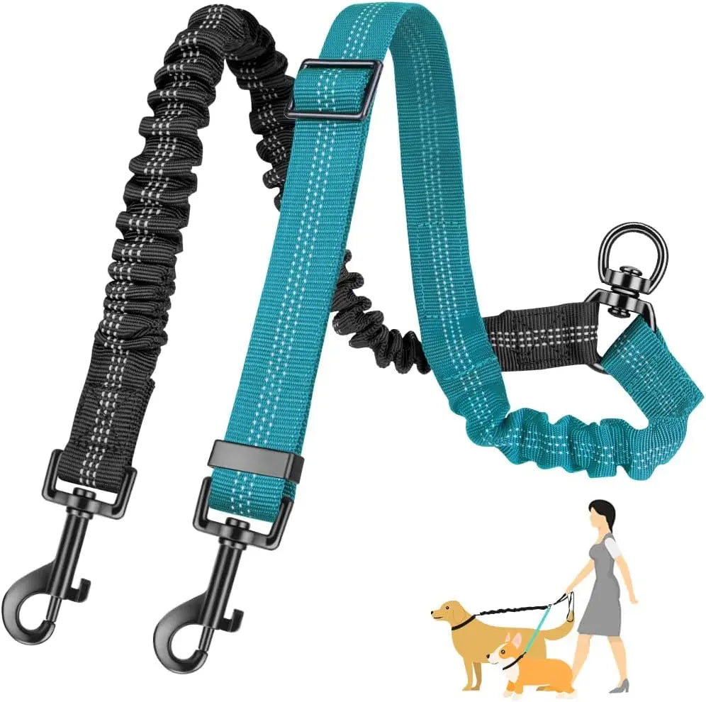 Dual Dog Leash Attachment With Shock Absorbing Bungee