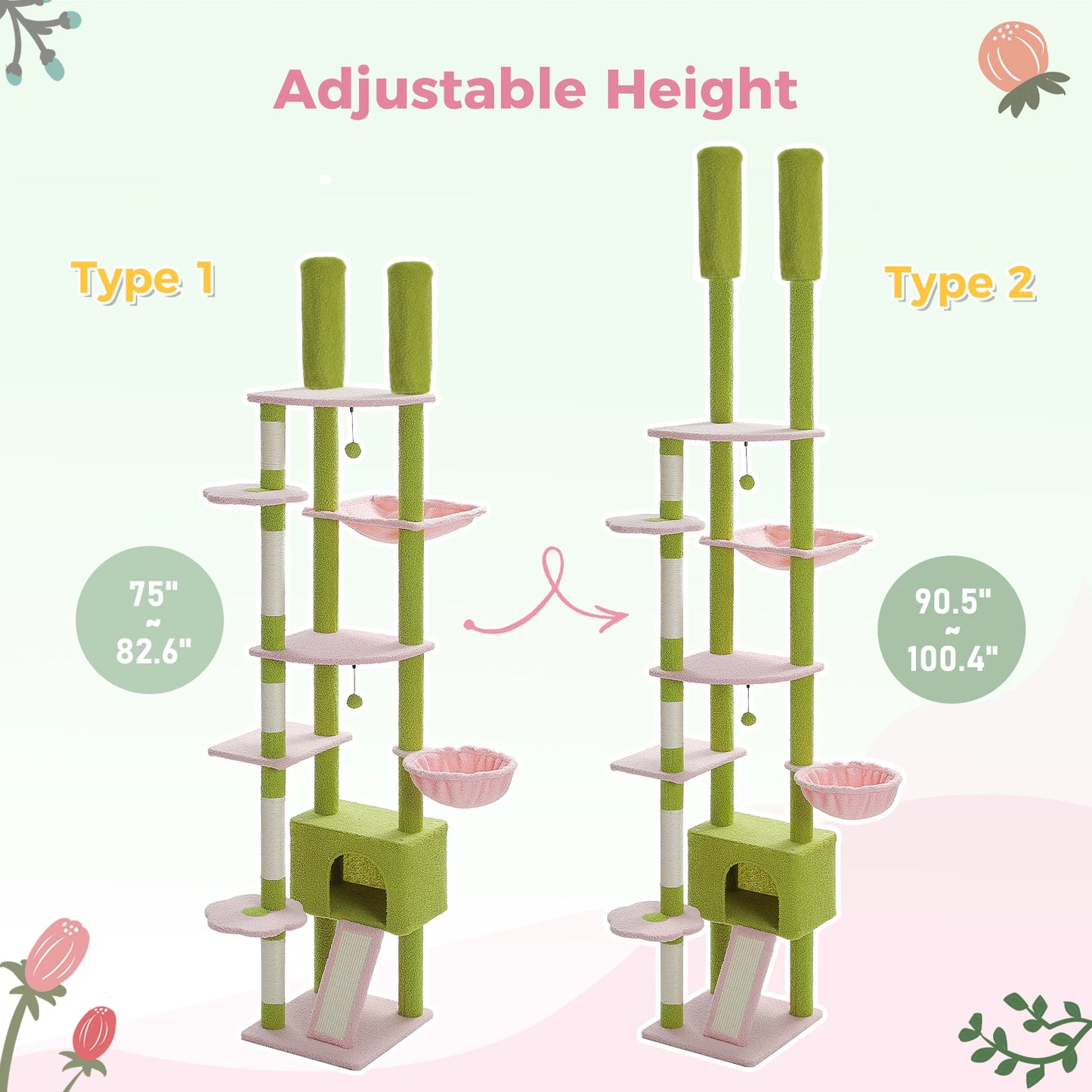 PETEPELA Floor Ceiling Cat Tree With Condo Hammock Scratching Post