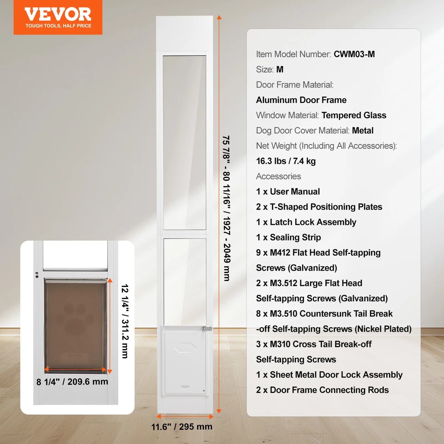 SucceBuy Adjustable Tempered Glass Dog Door With Aluminum Frame