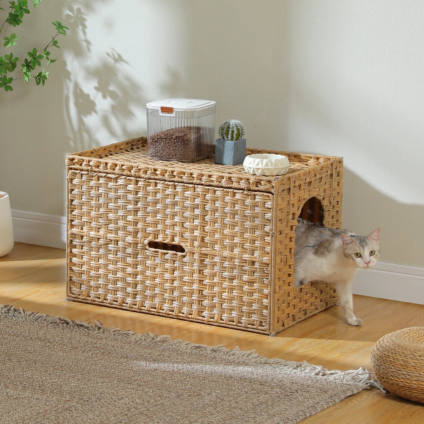 PEQULTI Rattan Cat Litter Box Enclosure With Tall Doorway