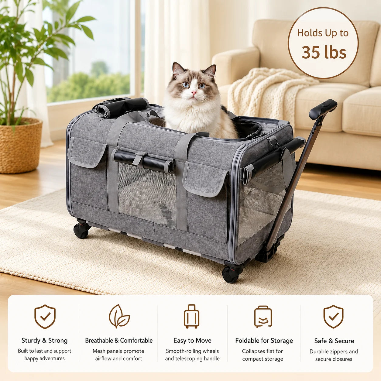 XMSJ Cat And Dog Carrier With Wheels For Travel Detachable Rolling Bag