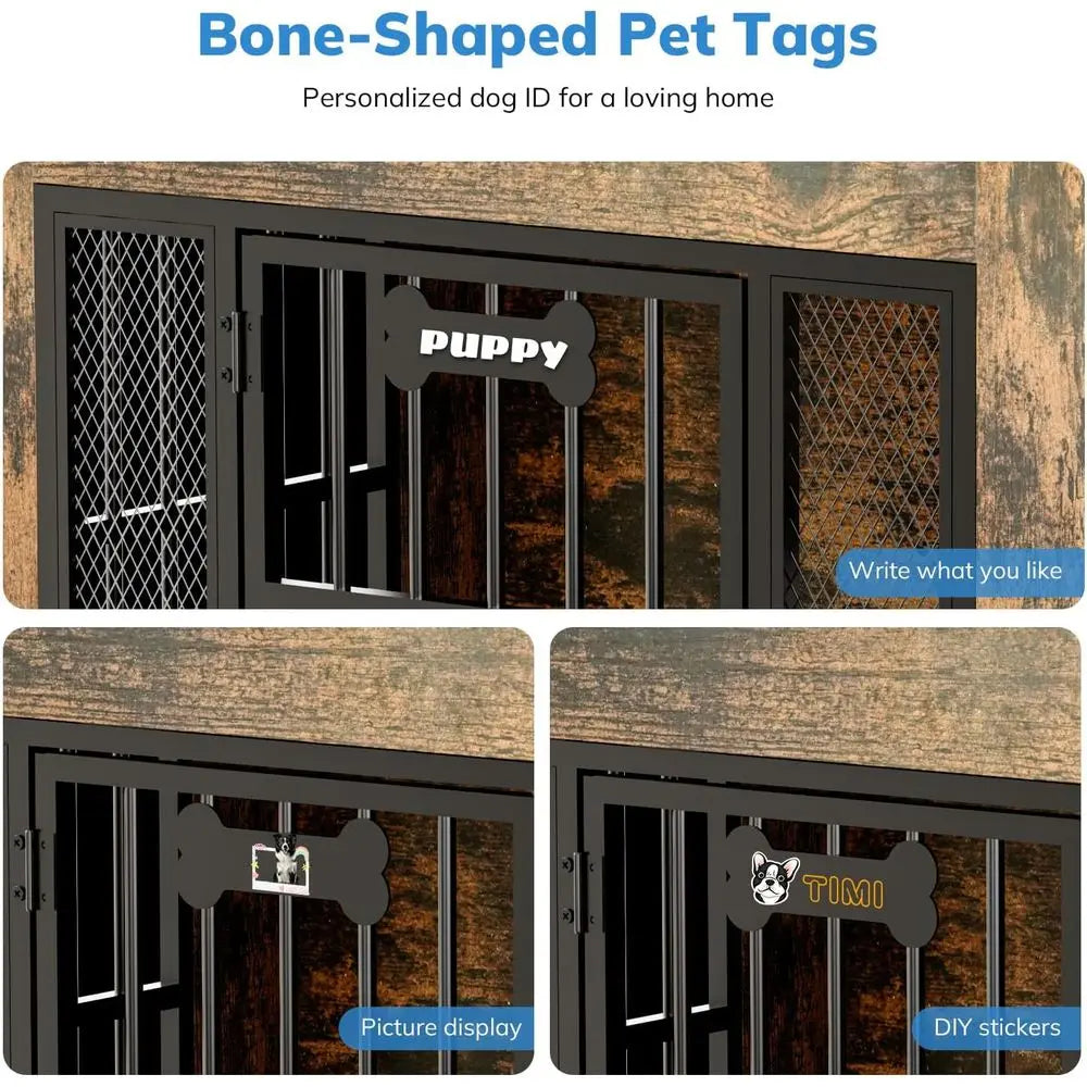 Indoor Dog Crate Furniture With Storage Shelves Stainless Steel Bowls