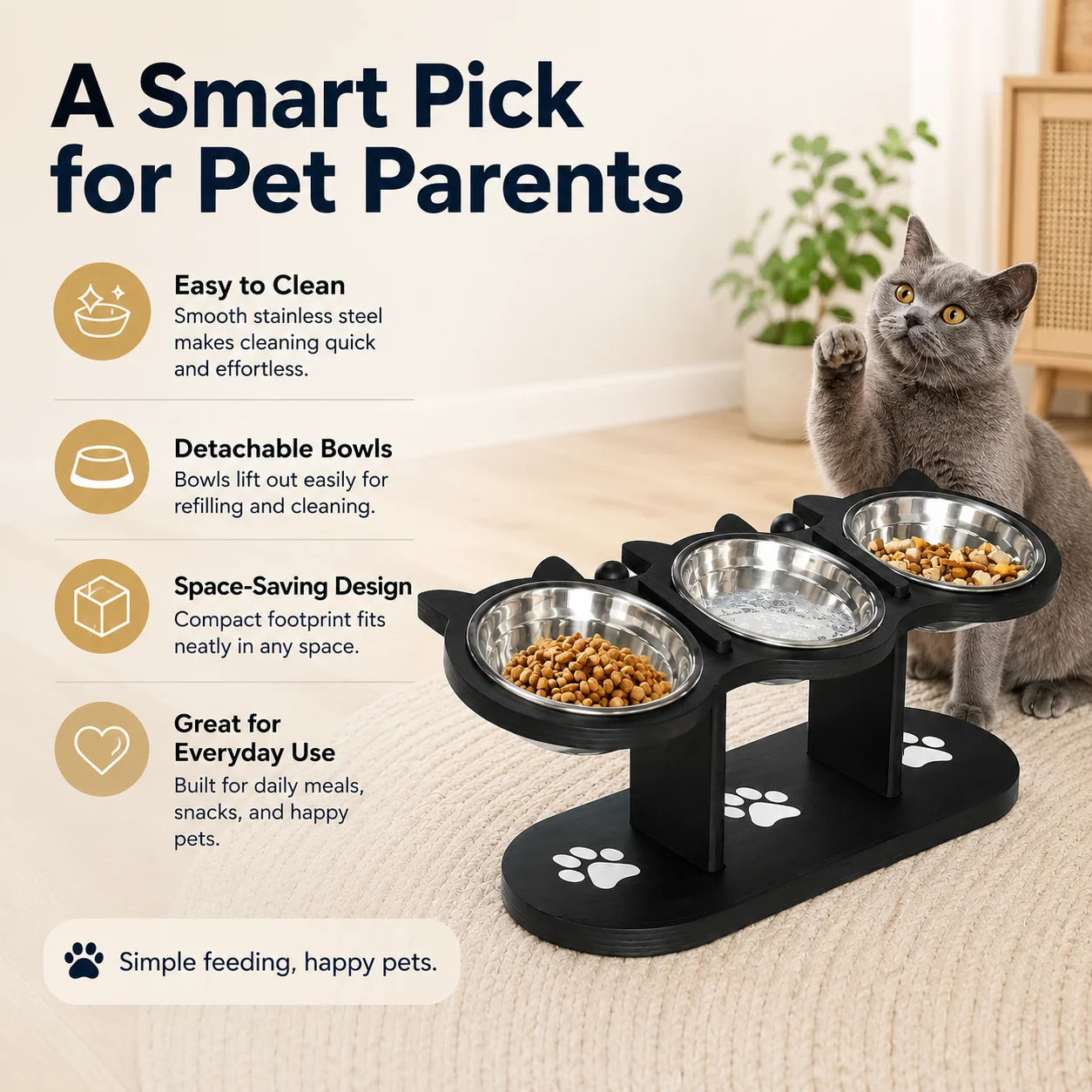 Tilted Elevated Cat Bowl Stand Detachable With Three Stainless Bowls