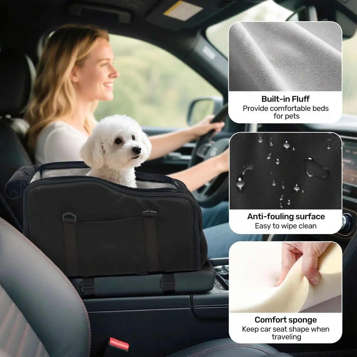 Center Console Pet Car Seat Carrier With Removable Washable Plush Liner