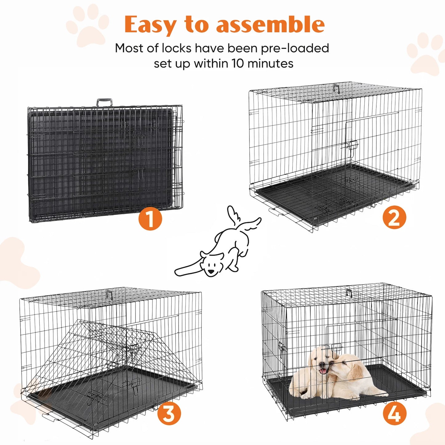 JHK Double Door Folding Metal Dog Crate With Leakproof Tray