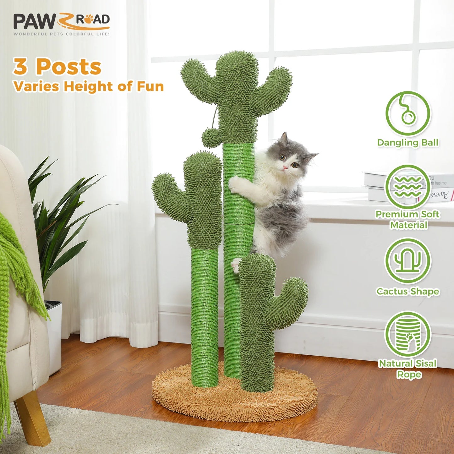 PAWZ Road Cactus Cat Scratching Post With 3 Sisal Poles And Toys