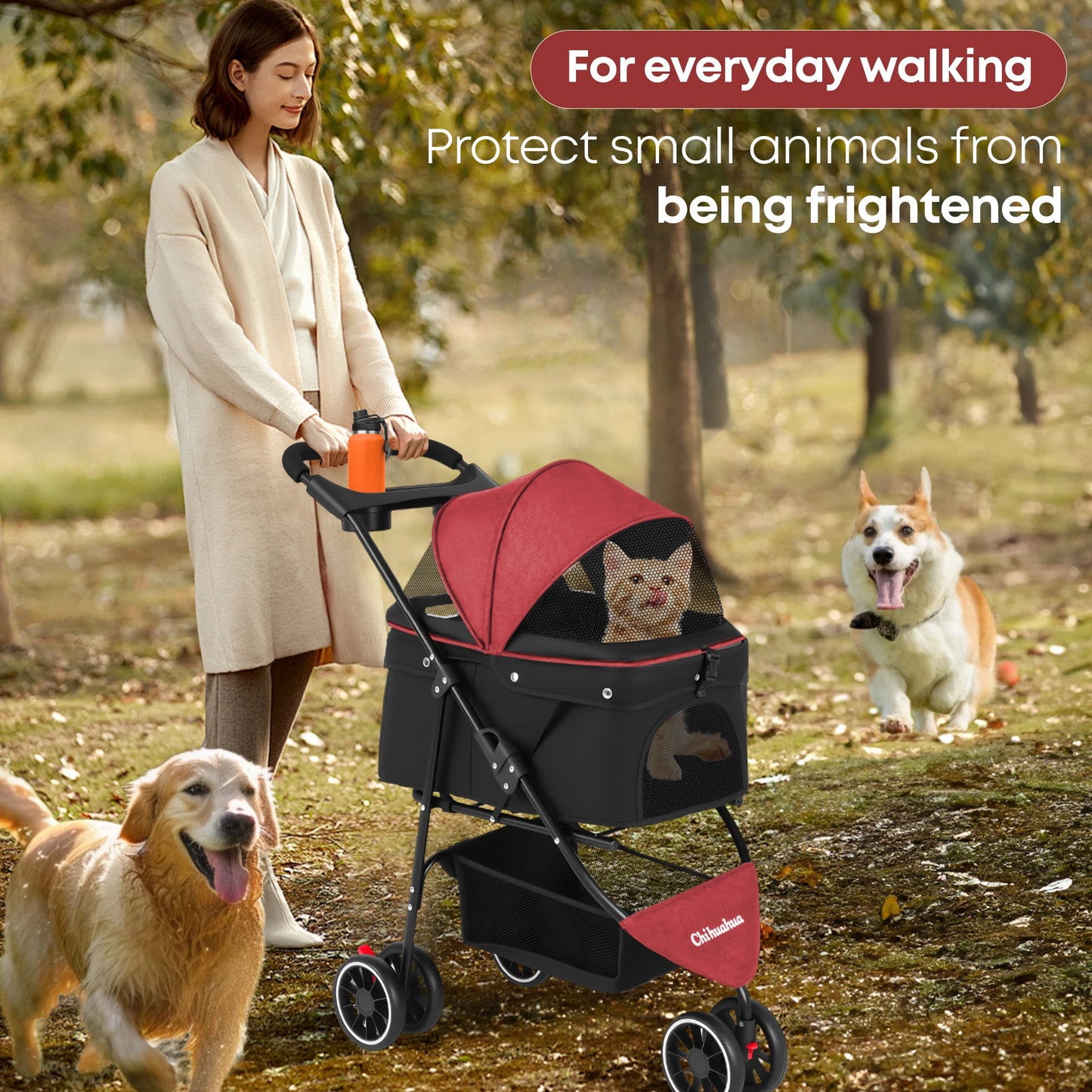 Chihuahua Pet Stroller For Cats And Dogs Foldable 3 Wheels Mesh Canopy