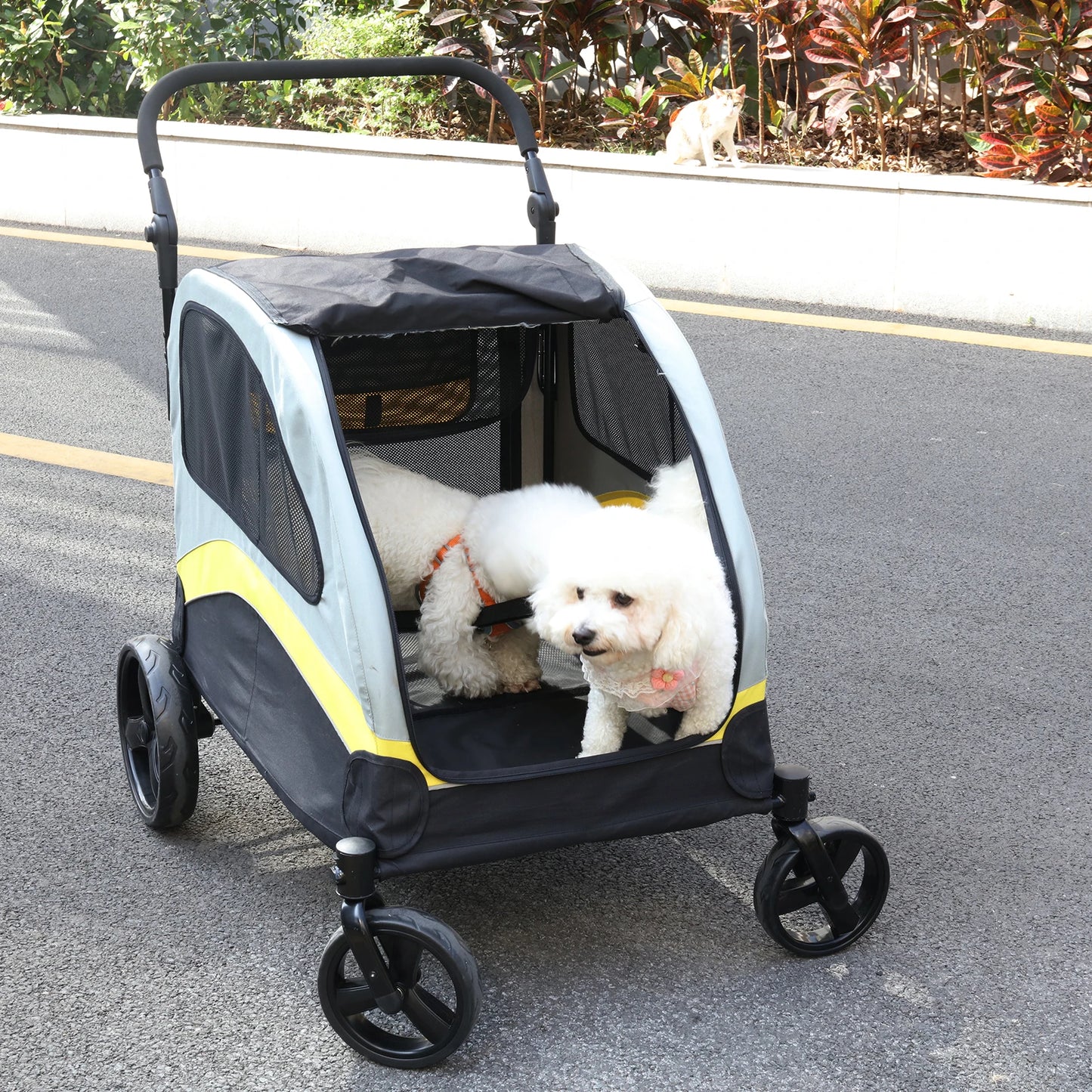 Double Dog Stroller With Zipper Divider And Folding Wheels