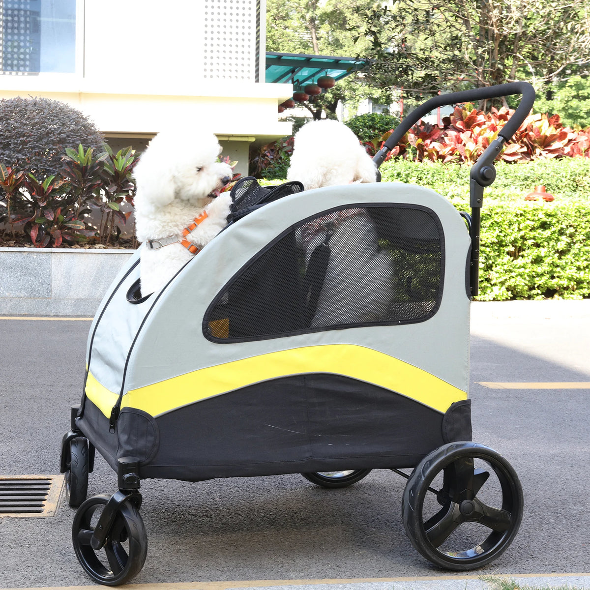 Double Dog Stroller With Zipper Divider And Folding Wheels