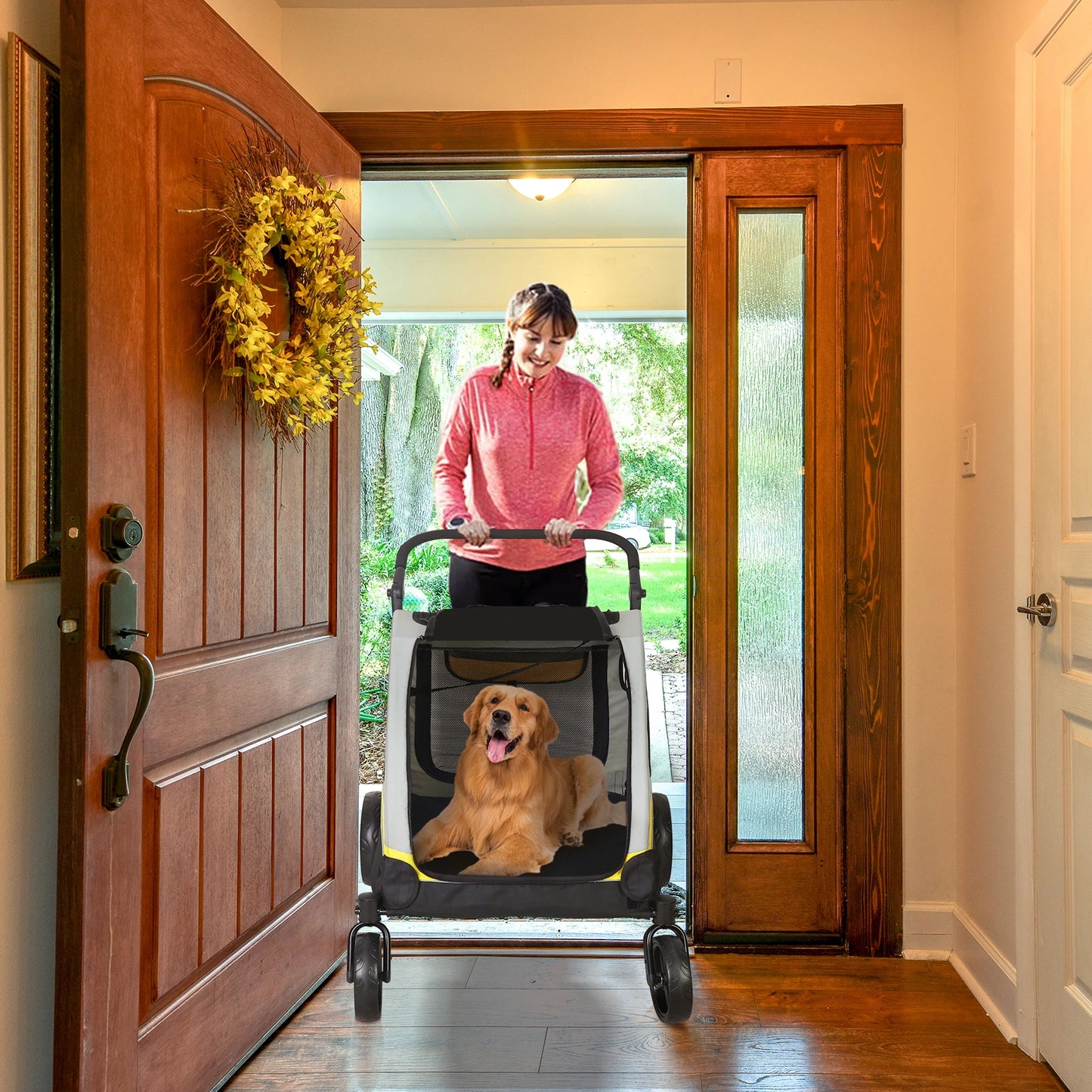 Double Dog Stroller With Zipper Divider And Folding Wheels
