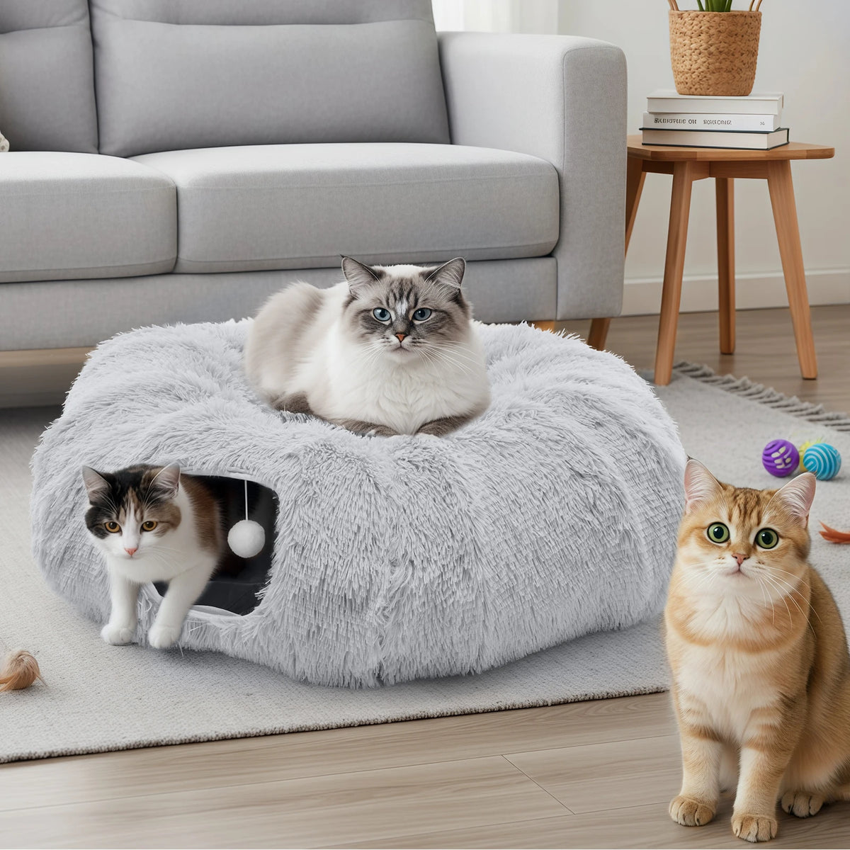 JHK Soft Plush Cat Tunnel Bed Indoor Doughnut Playground
