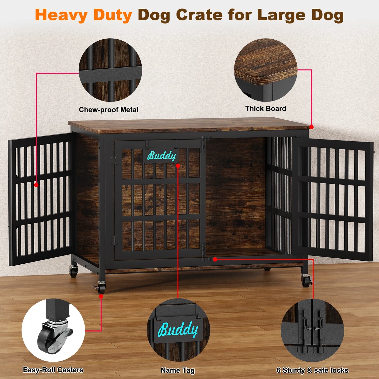 Heavy Duty Metal Wood Dog Crate Furniture with Casters