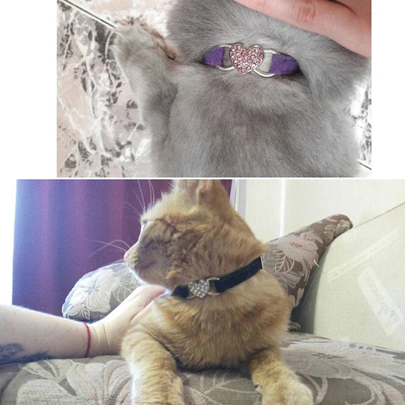 Heart Charm Cat Collar With Bell Elastic Adjustable Velvet