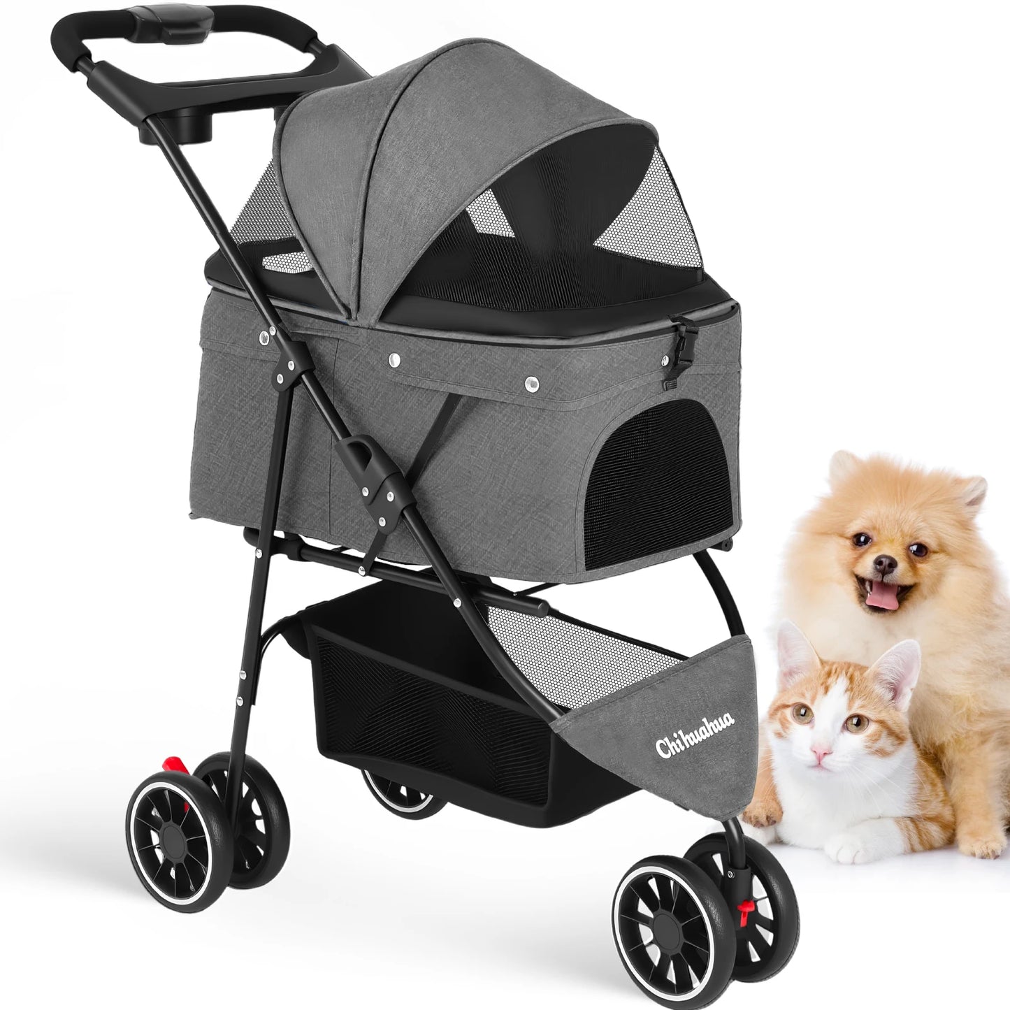 Chihuahua Pet Stroller For Cats And Dogs Foldable 3 Wheels Mesh Canopy
