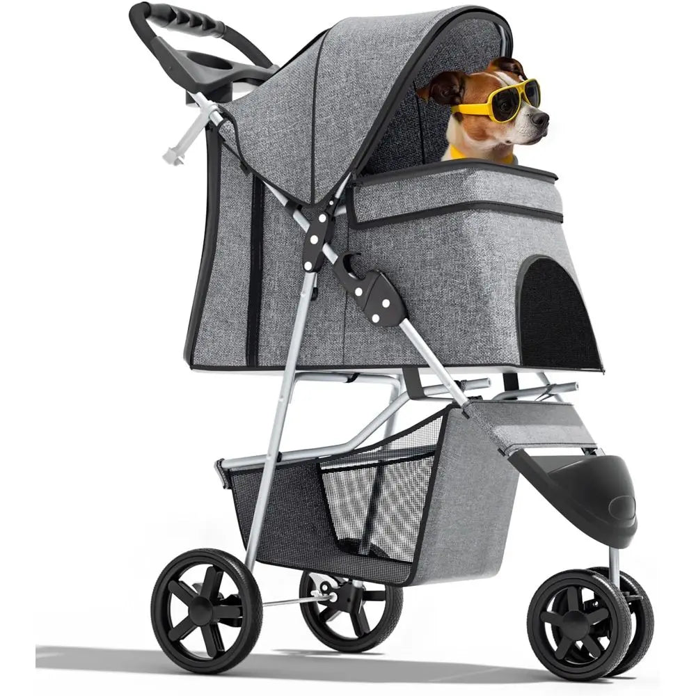 Foldable Three Wheel Pet Stroller With Breathable Carrier