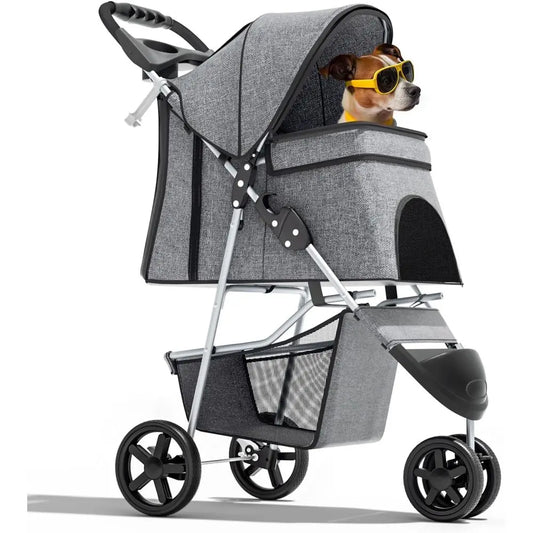 Foldable Three Wheel Pet Stroller With Breathable Carrier