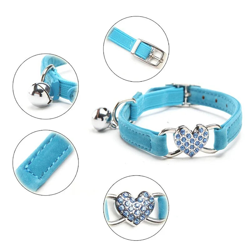 Heart Charm Cat Collar With Bell Elastic Adjustable Velvet