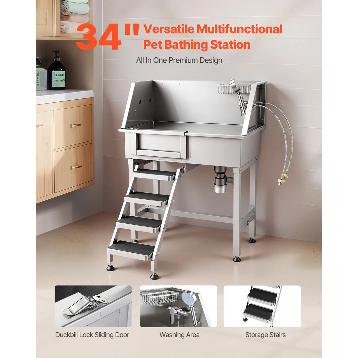 SucceBuy Stainless Steel Dog Washing Station With Shower Faucet