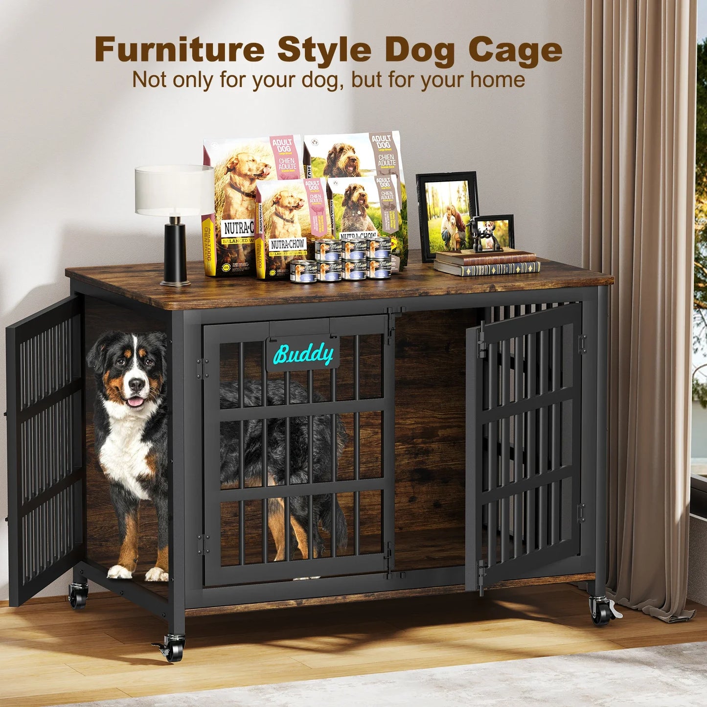 Heavy Duty Metal Wood Dog Crate Furniture with Casters