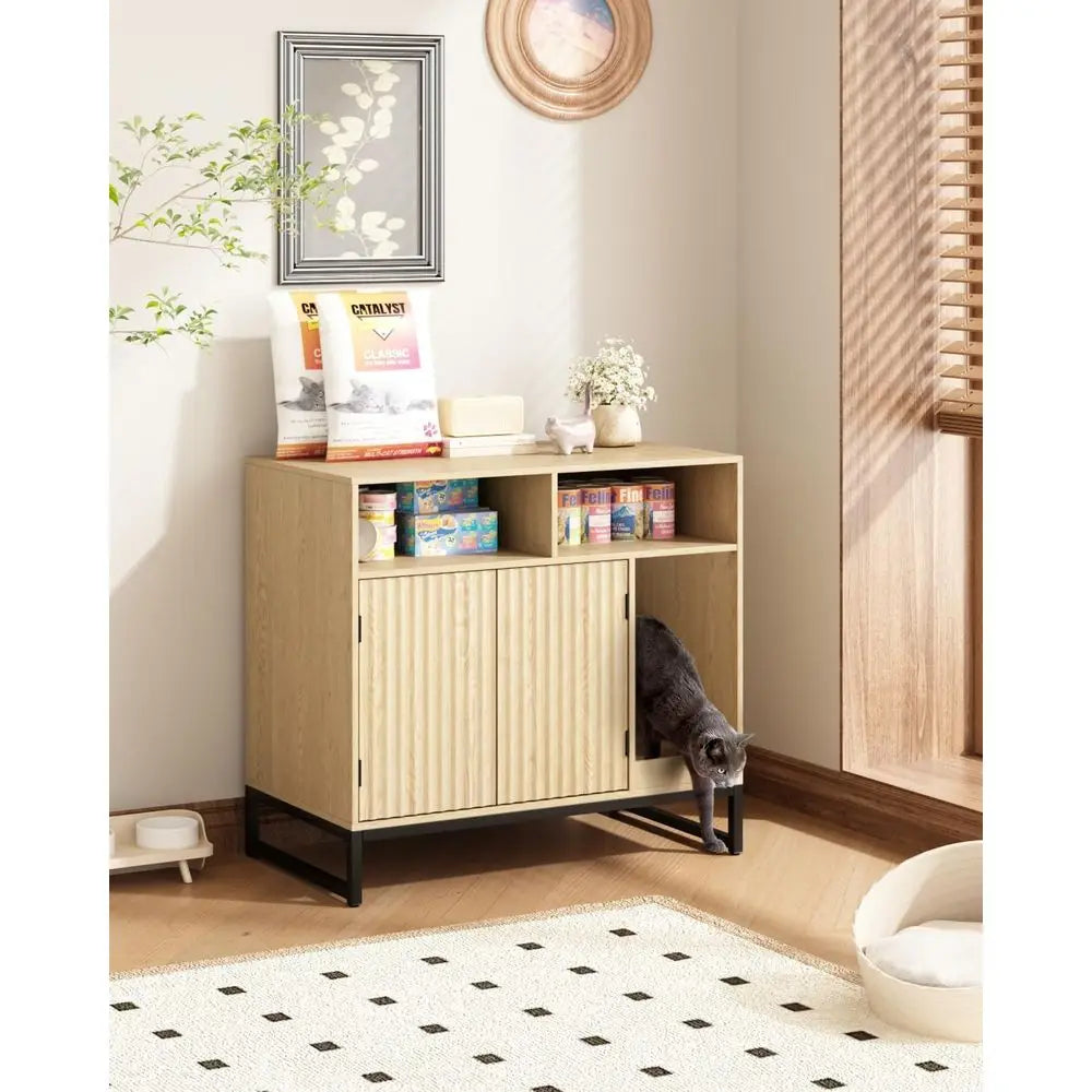 Cat Litter Box Enclosure With Hidden Storage And Scratching Pad