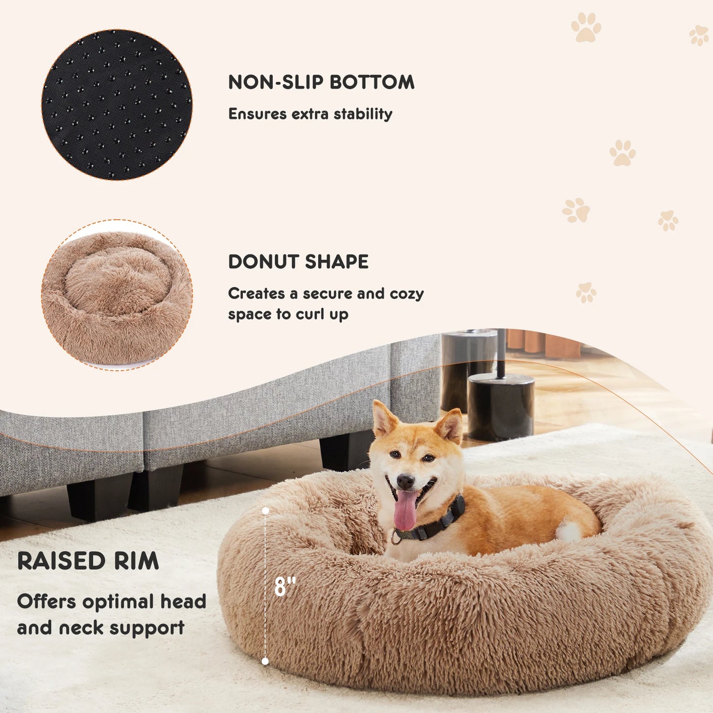 JHK Calming Anti Slip Round Plush Faux Fur Dog Bed