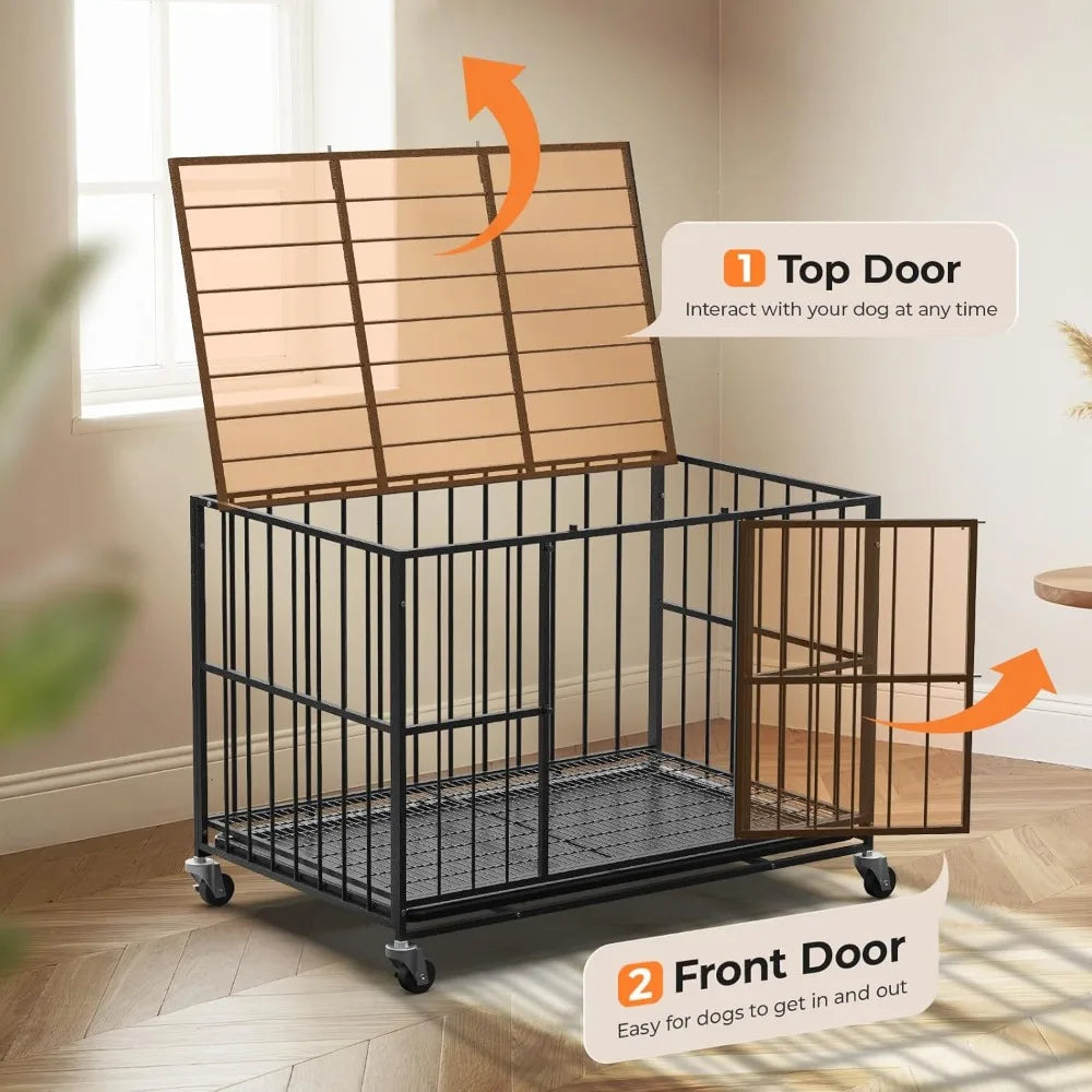 Heavy Duty Steel Dog Crate With Double Doors Lockable Wheels