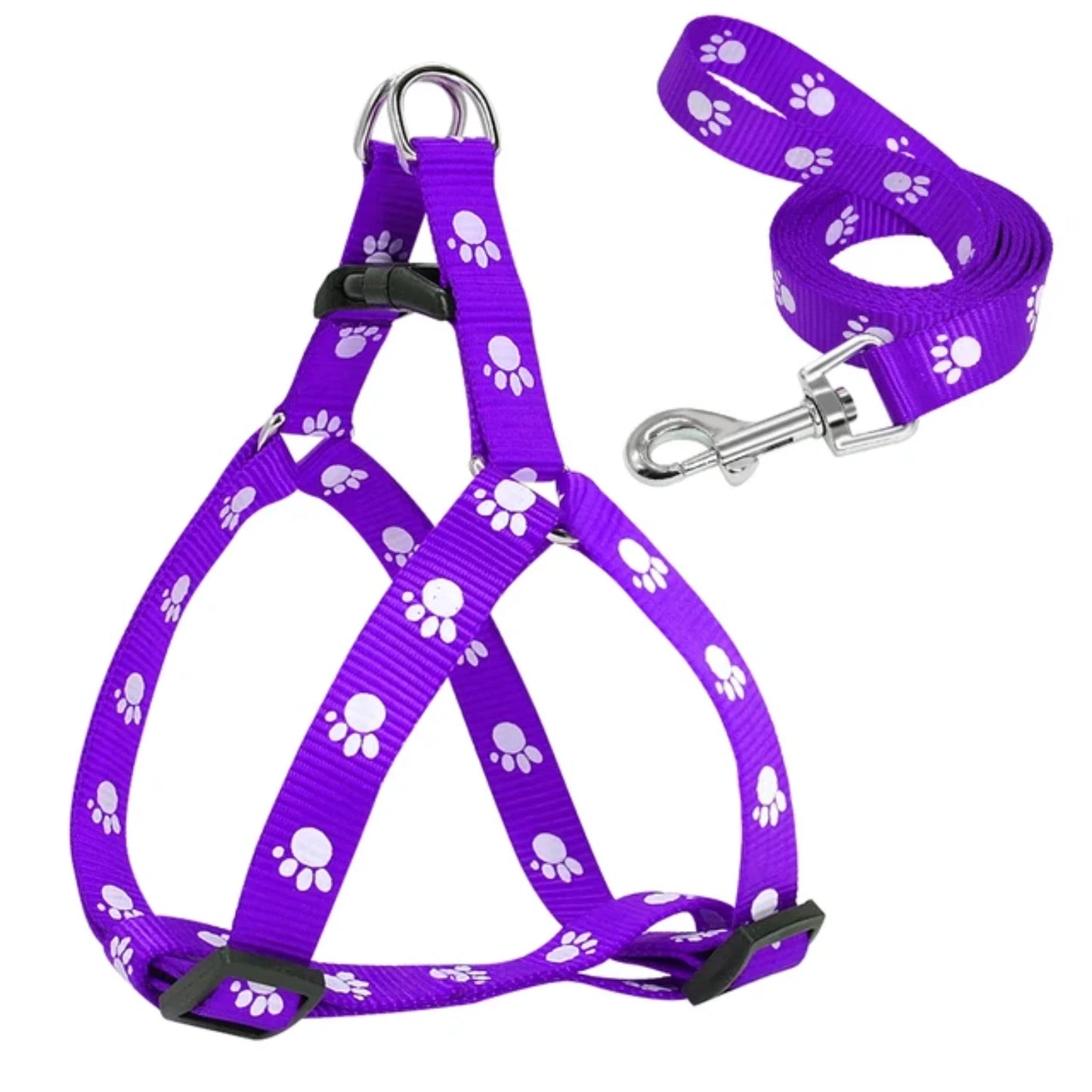 Adjustable Nylon Dog Harness And Leash Set With Paw Prints