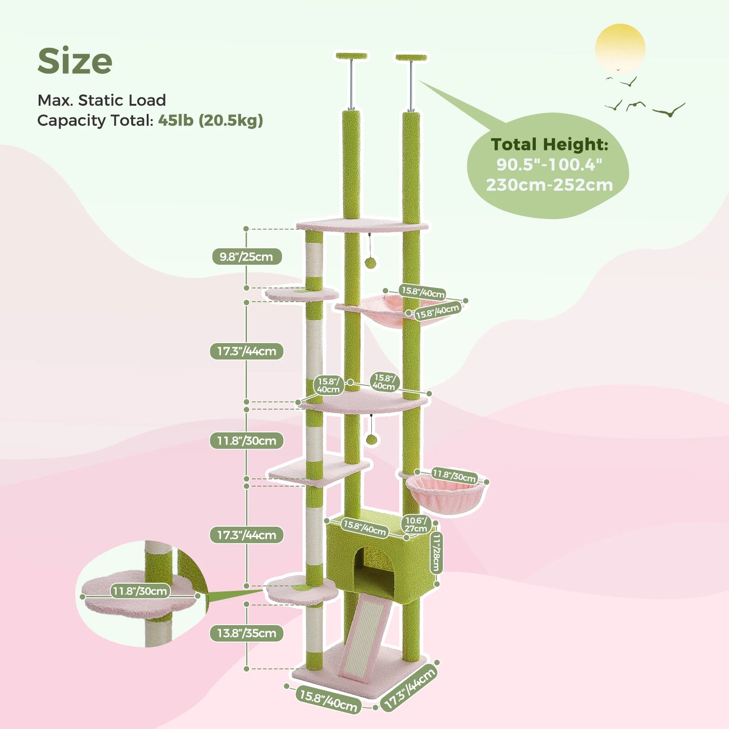 PETEPELA Floor Ceiling Cat Tree With Condo Hammock Scratching Post