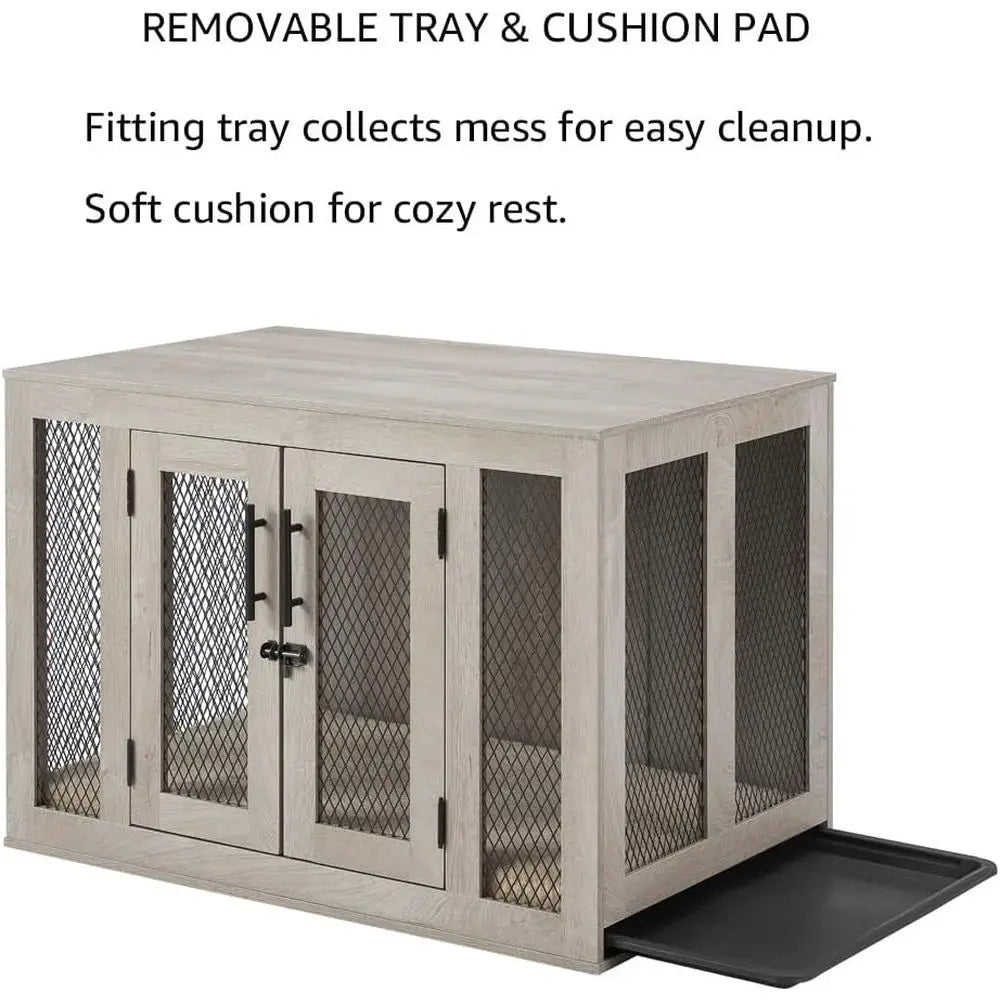 Furniture Style Dog Crate With Cushion And Double Door Tray