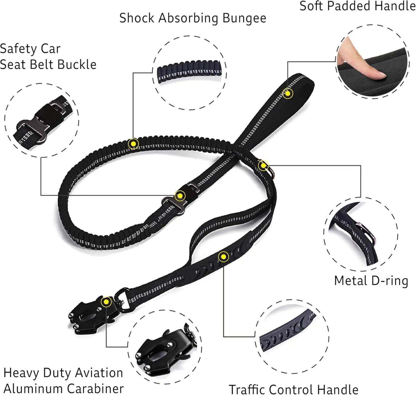 Reflective Shock Absorbing Tactical Bungee Dog Leash With Seatbelt