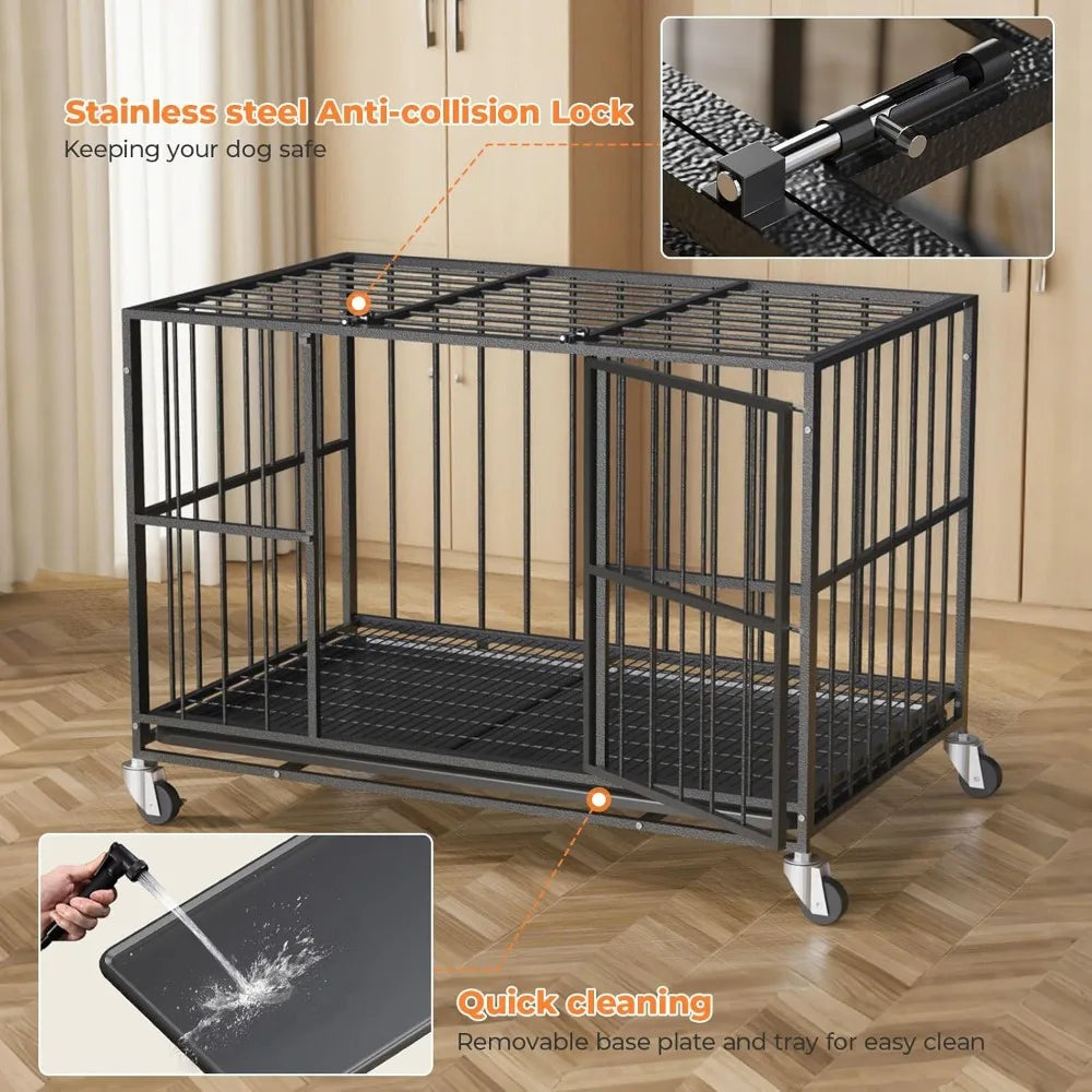 Heavy Duty Steel Dog Crate With Double Doors Lockable Wheels