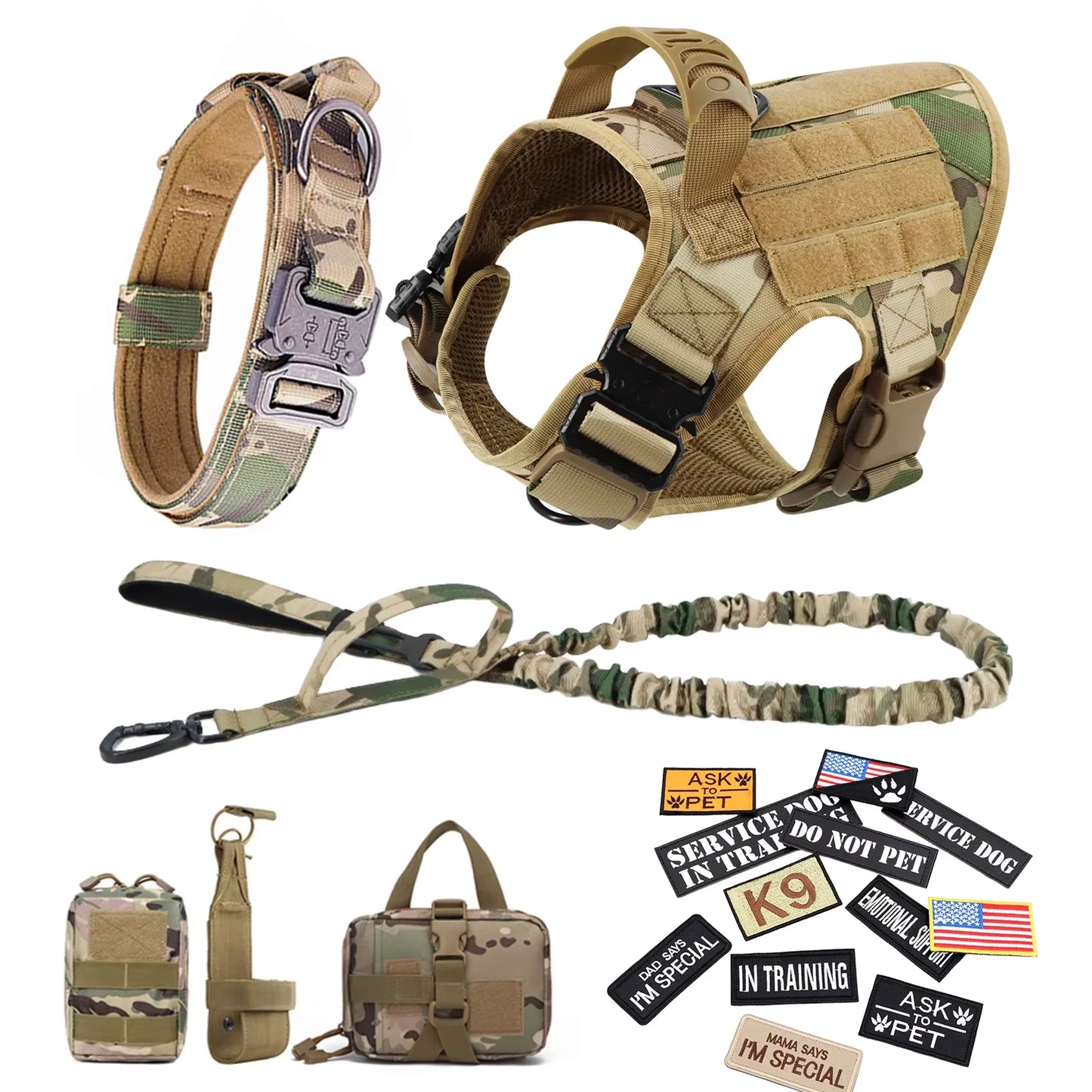 Nylon Military Dog Harness Vest Set With Leash Malinois Patches