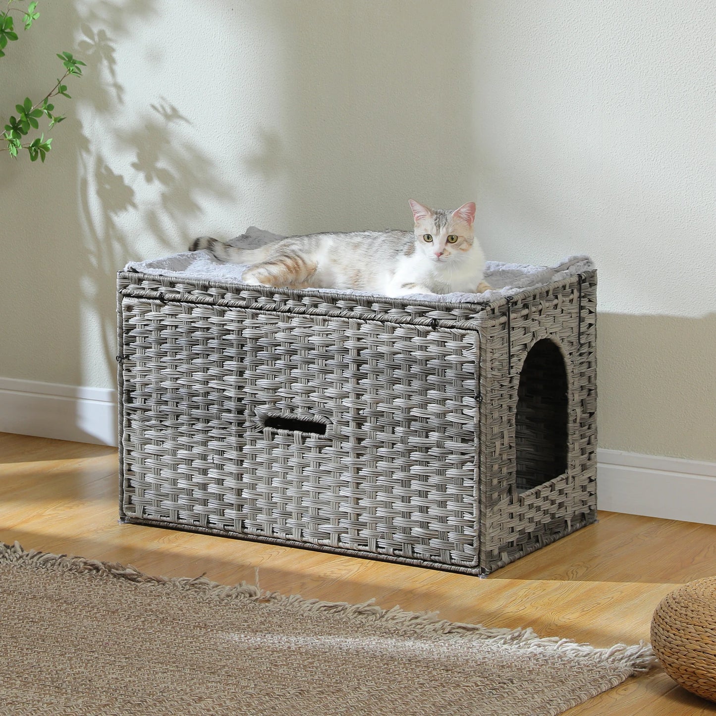 PEQULTI Rattan Cat Litter Box Enclosure With Tall Doorway